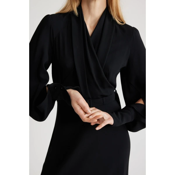 Wrap bodice maxi dress in Black sustainable crepe - Image 4