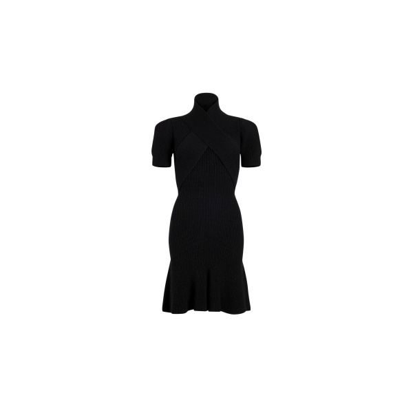 Patou Wrap front dress in Black sustainable wool and cashmere