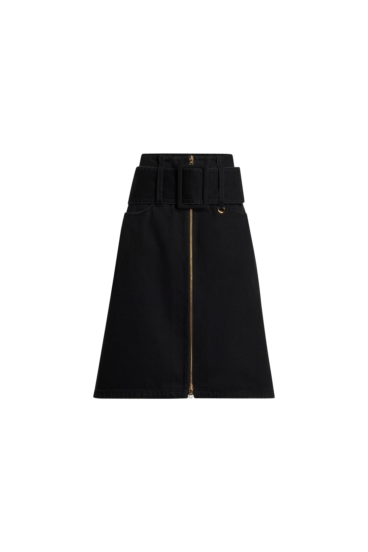 Patou Zip front belted midi skirt in Khol Stone organic cotton denim | Skirts | Luxury Shoes Patou Zip front belted midi skirt in Khol Stone organic cotton denim
