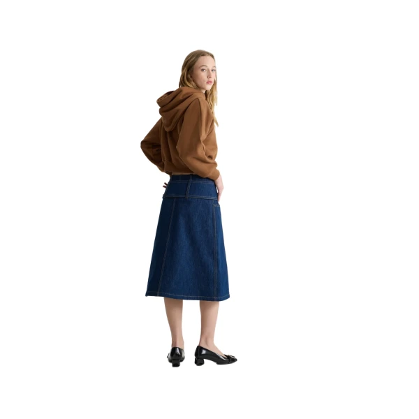 Zip front belted midi skirt in Rodeo Blue cotton denim - Image 3