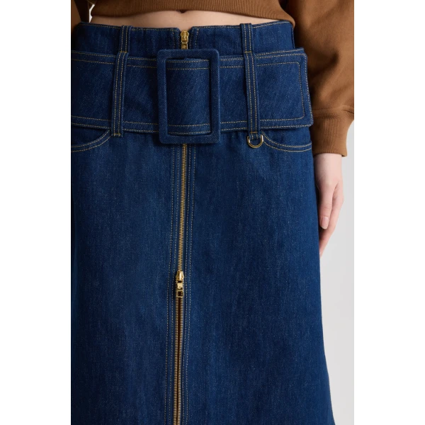 Zip front belted midi skirt in Rodeo Blue cotton denim - Image 4