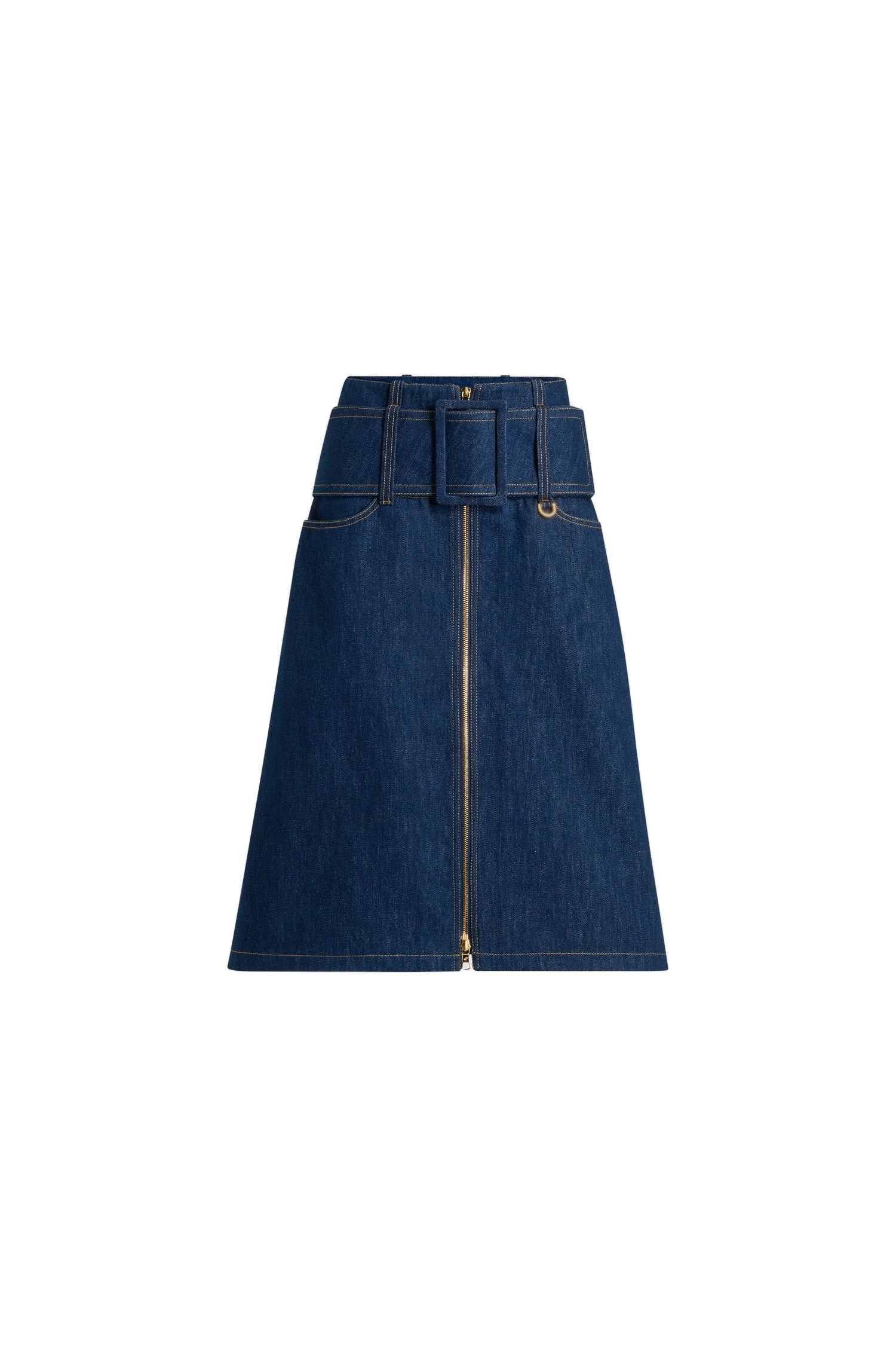 Patou Zip front belted midi skirt in Rodeo Blue cotton denim | Skirts | Luxury Shoes Patou Zip front belted midi skirt in Rodeo Blue cotton denim