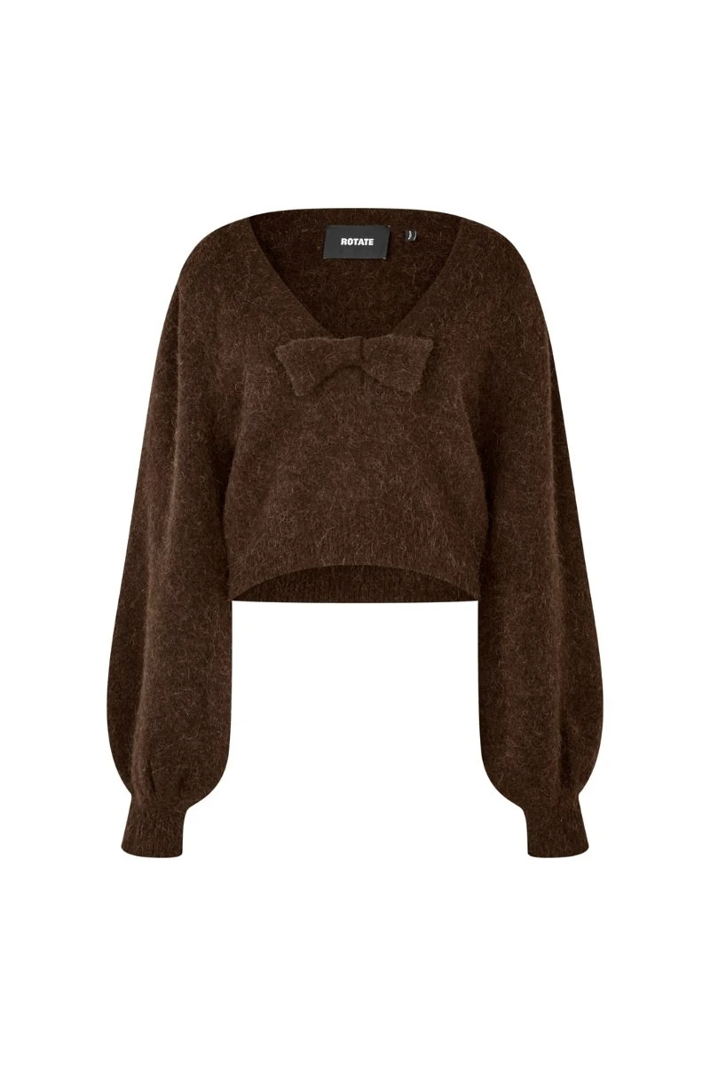 Rotate-Birger-Christensen-Bow-Knit-Sweater-Brown-white Bow Knit Sweater Brown