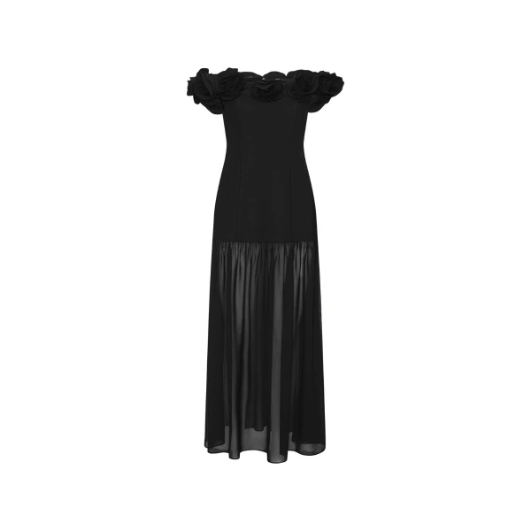 Crepe Maxi Flower Dress Black
