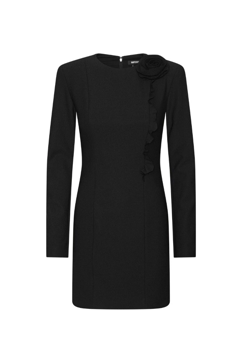 Rotate-Birger-Christensen-Crepe-Mini-Long-Sleeve-Flower-Dress-Black-white Crepe Mini Long Sleeve Flower Dress Black