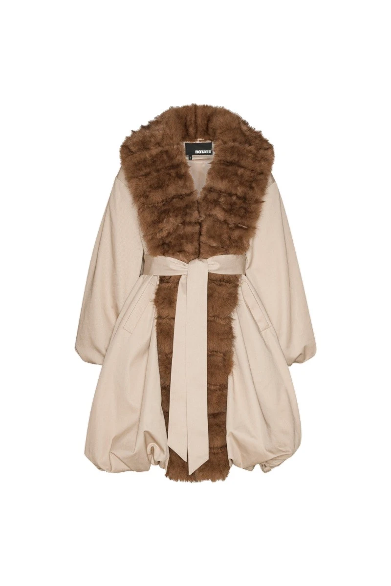 Rotate-Birger-Christensen-Faux-Fur-Collar-Coat-Beige-white Faux Fur Collar Coat Beige