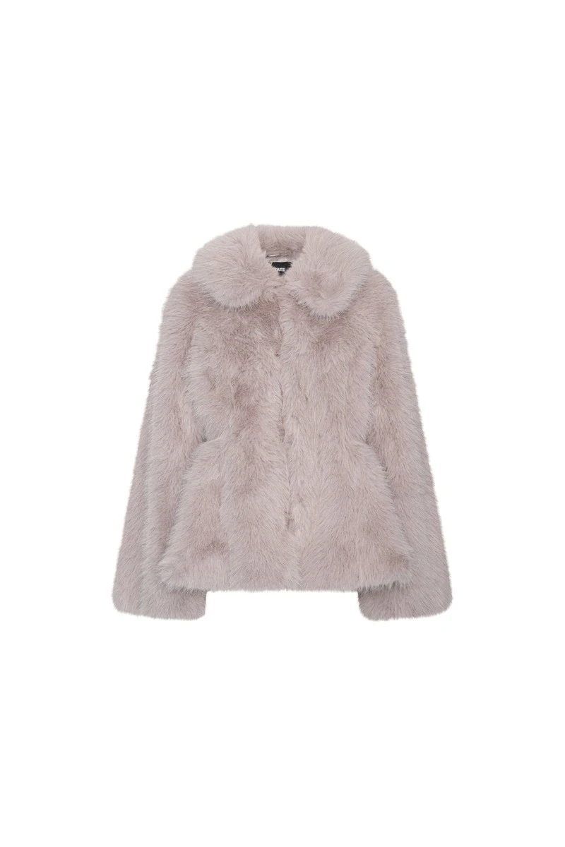 Rotate-Birger-Christensen-Faux-Fur-Flared-Jacket-Light-Gray-white Faux Fur Flared Jacket Light Gray