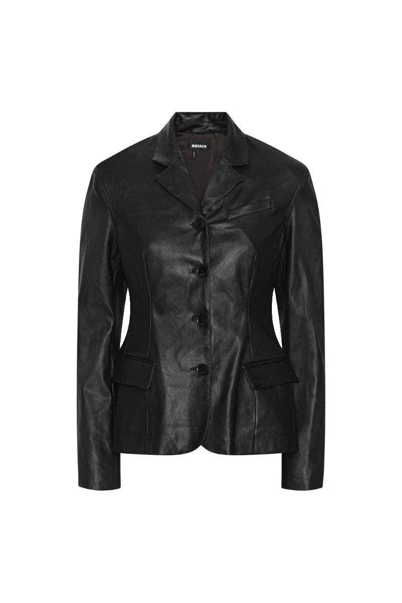Rotate-Birger-Christensen-Fitted-Leather-Blazer-Black-white Fitted Leather Blazer Black