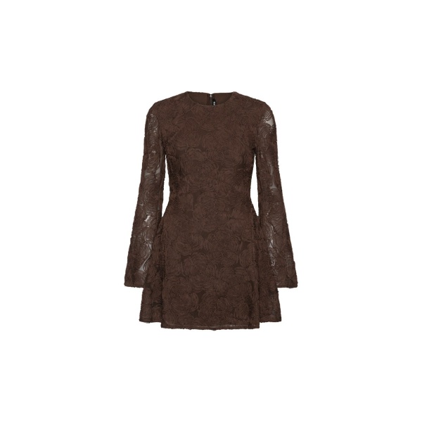 Flower Mesh LS Mini Dress Dark Brown