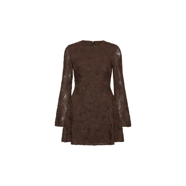 Flower Mesh LS Mini Dress Dark Brown