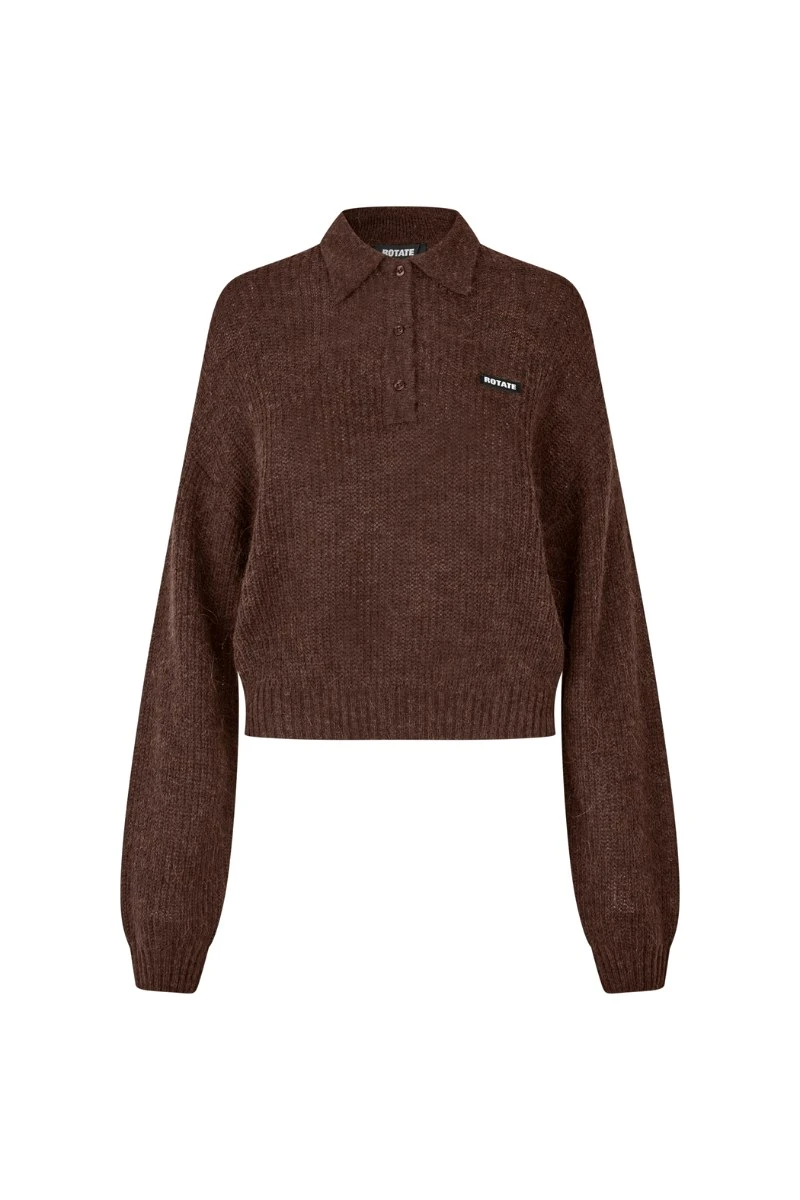Rotate-Birger-Christensen-Fluffy-Knit-Polo-Brown-white Fluffy Knit Polo Brown