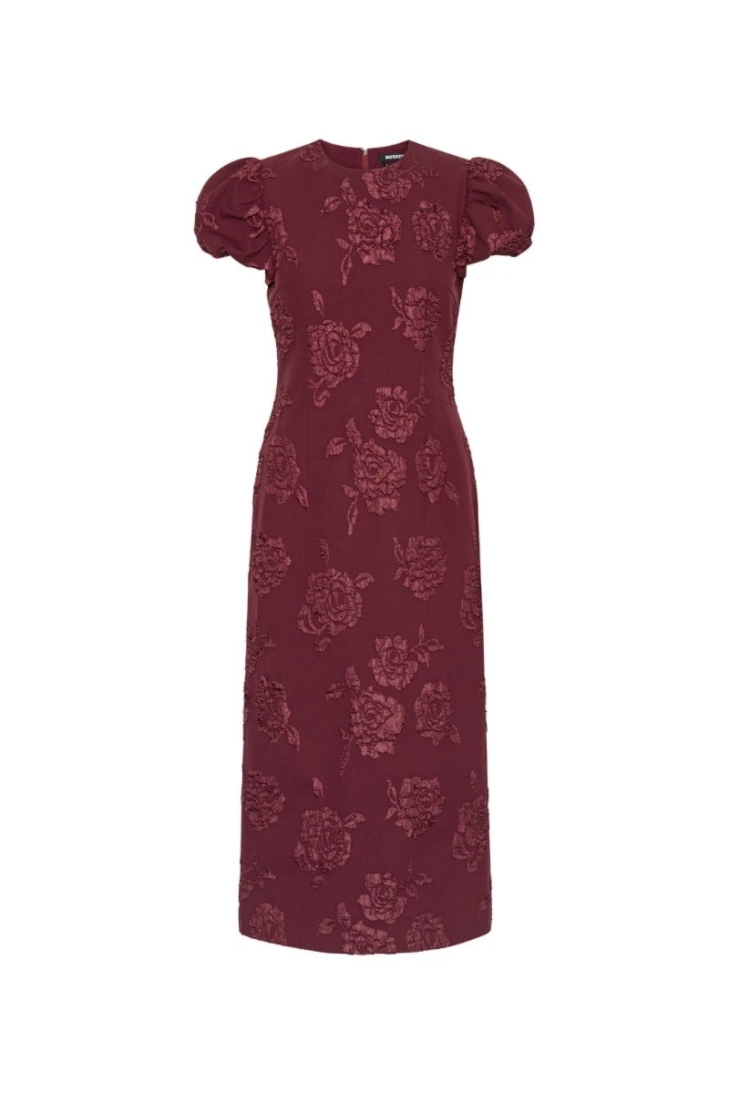 Rotate-Birger-Christensen-Jacquard-Midi-Puffy-Dress-Dark-Red-white Jacquard Midi Puffy Dress Dark Red