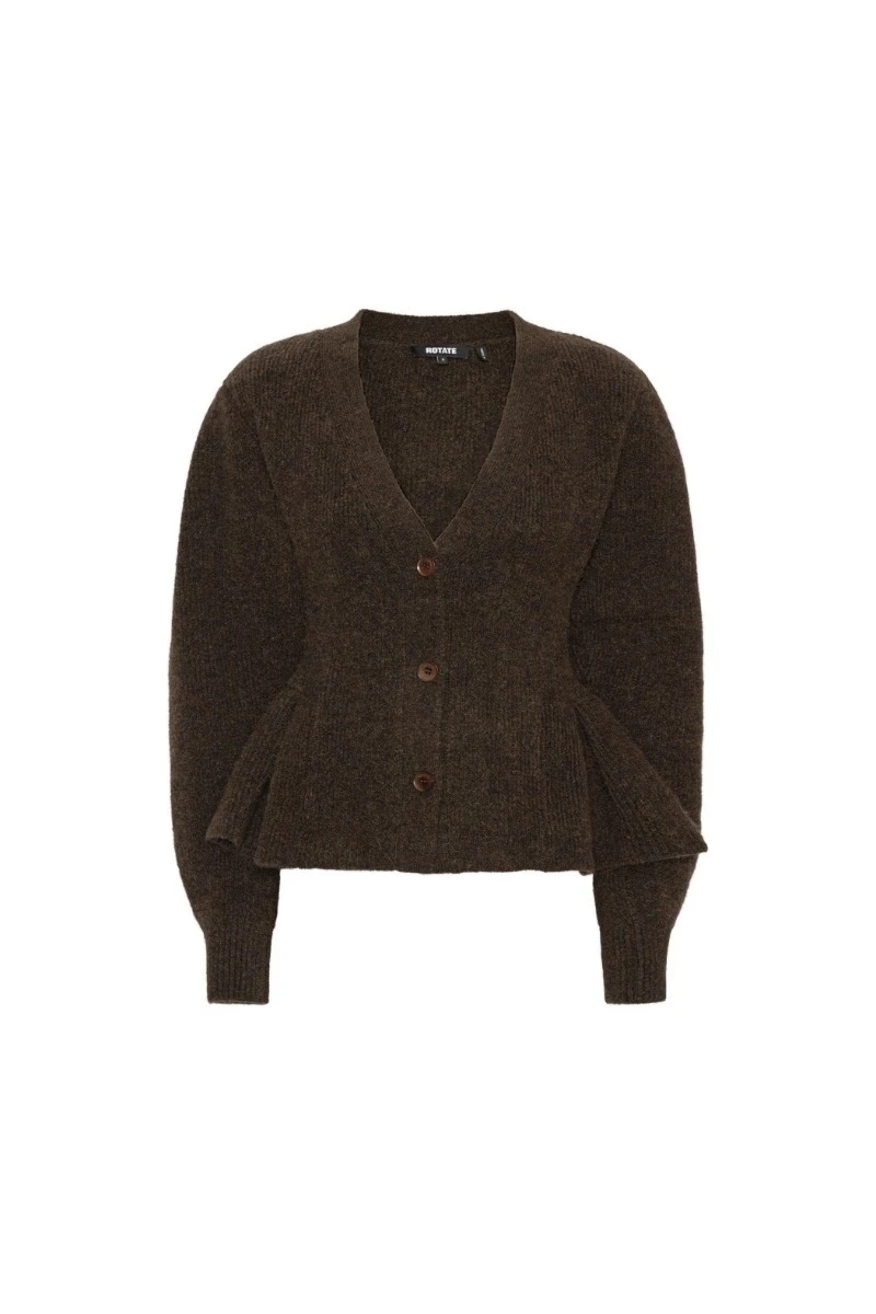 Rotate-Birger-Christensen-Knit-Peplum-Cardigan-Dark-Brown-white Knit Peplum Cardigan Dark Brown