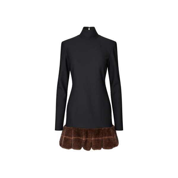 LS Faux Fur Trim Mini Dress Black