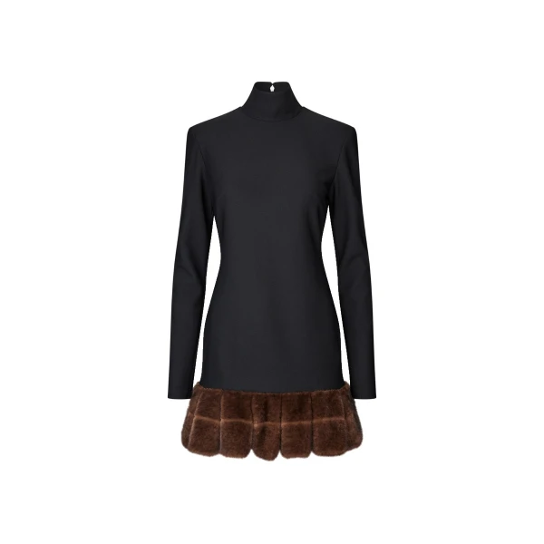 LS Faux Fur Trim Mini Dress Black