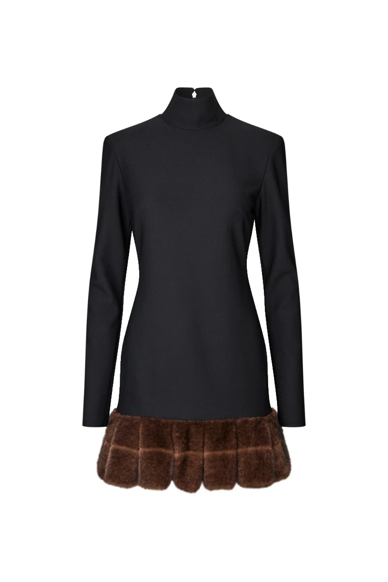 Rotate-Birger-Christensen-LS-Faux-Fur-Trim-Mini-Dress-Black-white LS Faux Fur Trim Mini Dress Black