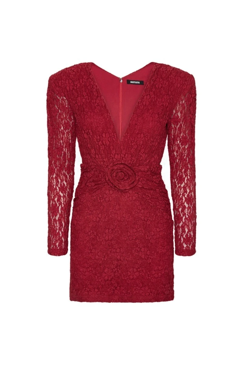 Rotate-Birger-Christensen-Lace-V-Neck-Mini-Dress-Red-white Lace V-Neck Mini Dress Red