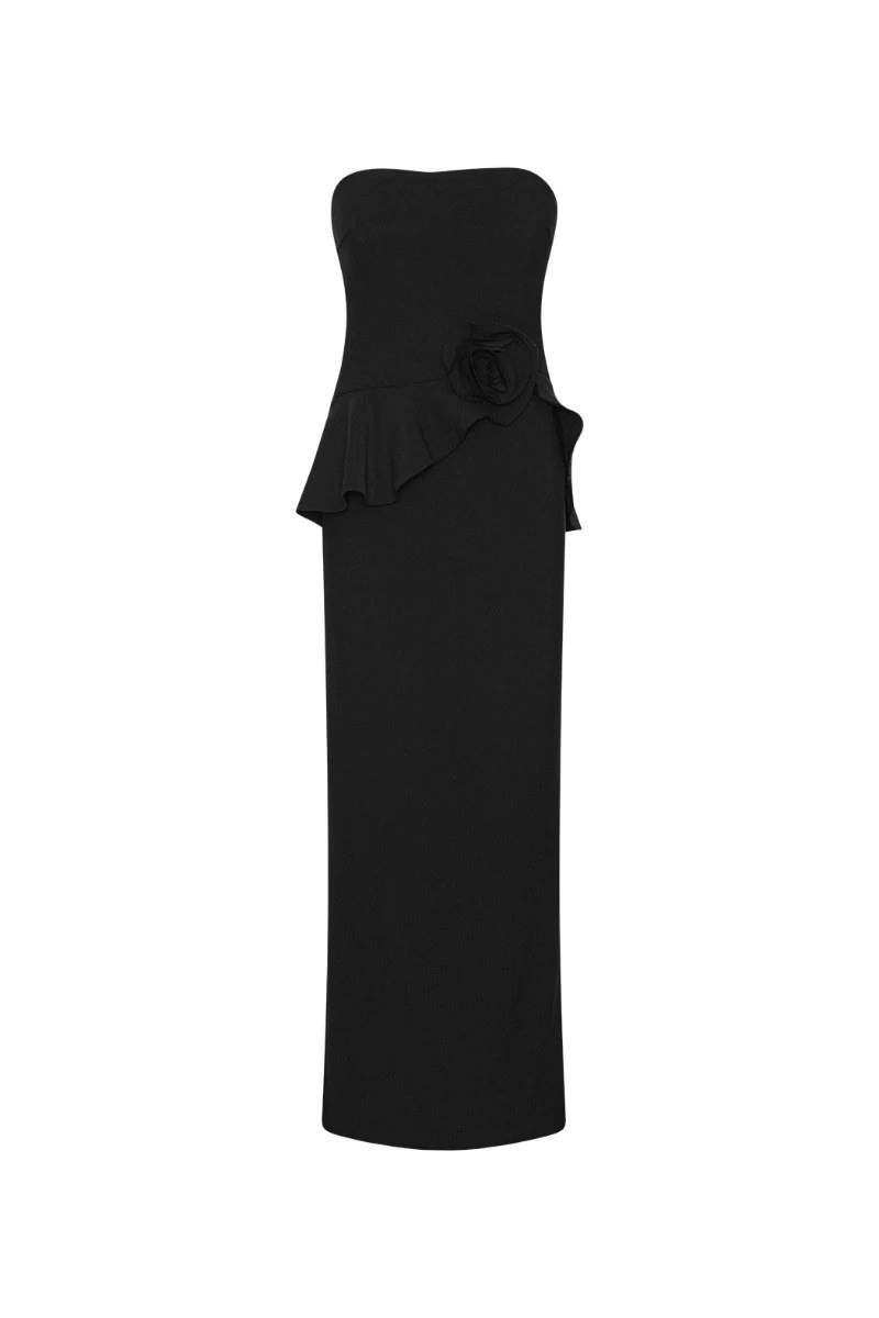 Rotate-Birger-Christensen-Long-Flower-Strapless-Maxi-Dress-Black-white Long Flower Strapless Maxi Dress Black