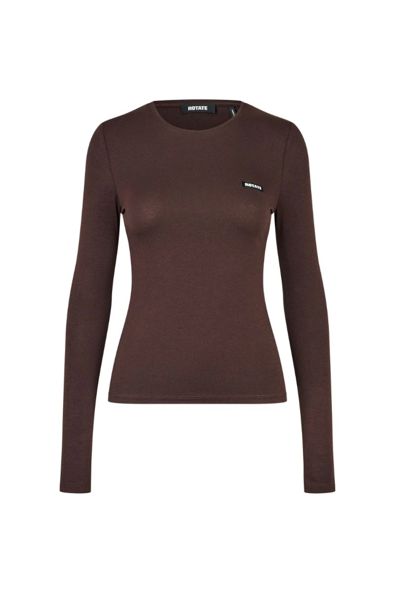 Rotate-Birger-Christensen-Long-Sleeve-T-Shirt-Dark-Brown-white Long Sleeve T-Shirt Dark Brown