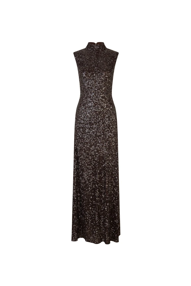 Rotate-Birger-Christensen-Sequins-Flared-Maxi-Dress-Brown-white Sequins Flared Maxi Dress Brown