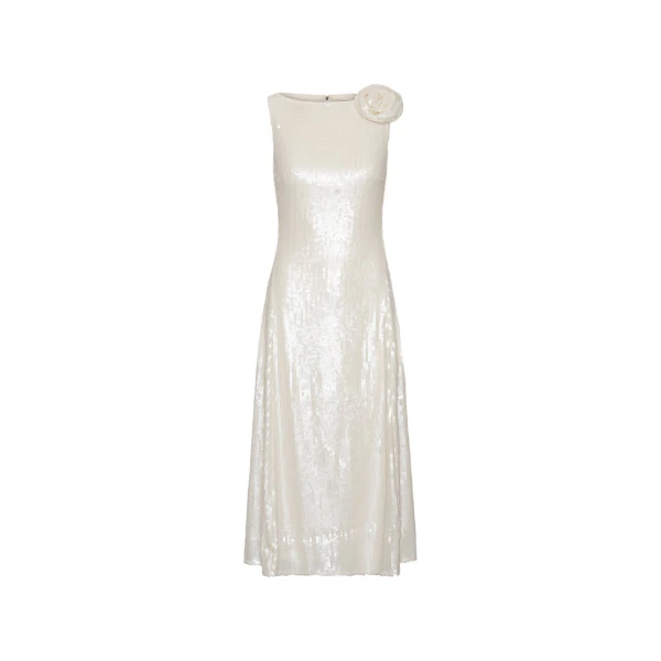 Sequins Midi Flared Dress White