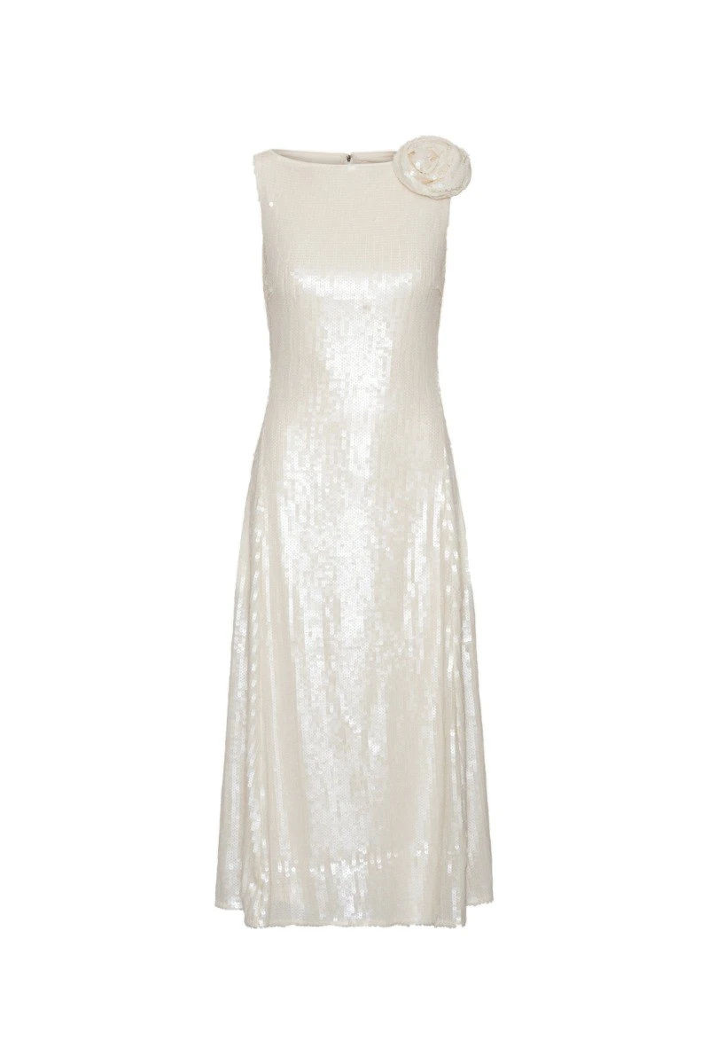 Rotate-Birger-Christensen-Sequins-Midi-Flared-Dress-White-white Sequins Midi Flared Dress White