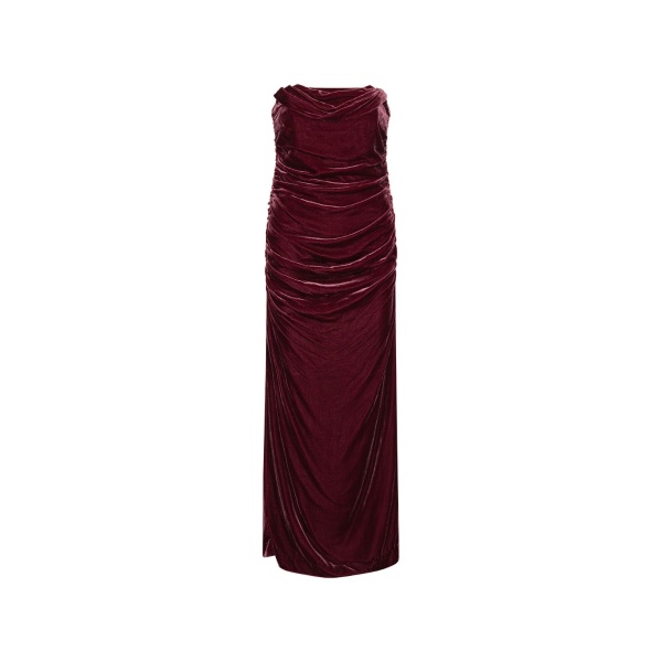 Silk Velvet Ruched Dress Dark Red