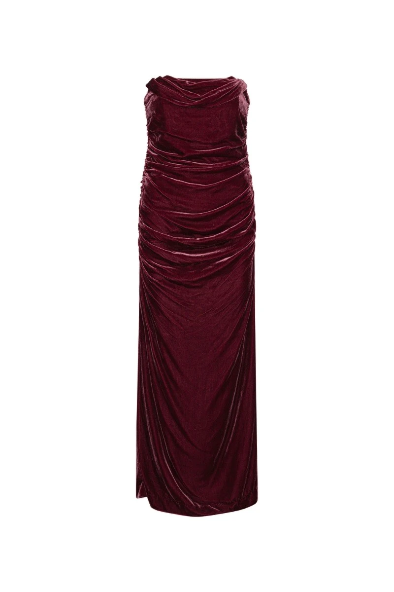 Rotate-Birger-Christensen-Silk-Velvet-Ruched-Dress-Dark-Red-white Silk Velvet Ruched Dress Dark Red