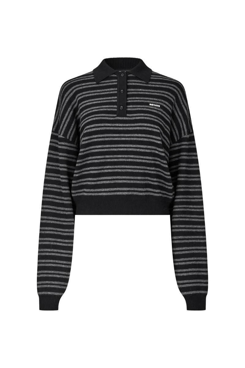 Rotate-Birger-Christensen-Slinky-Knit-Striped-Polo-Black-white Slinky Knit Striped Polo Black