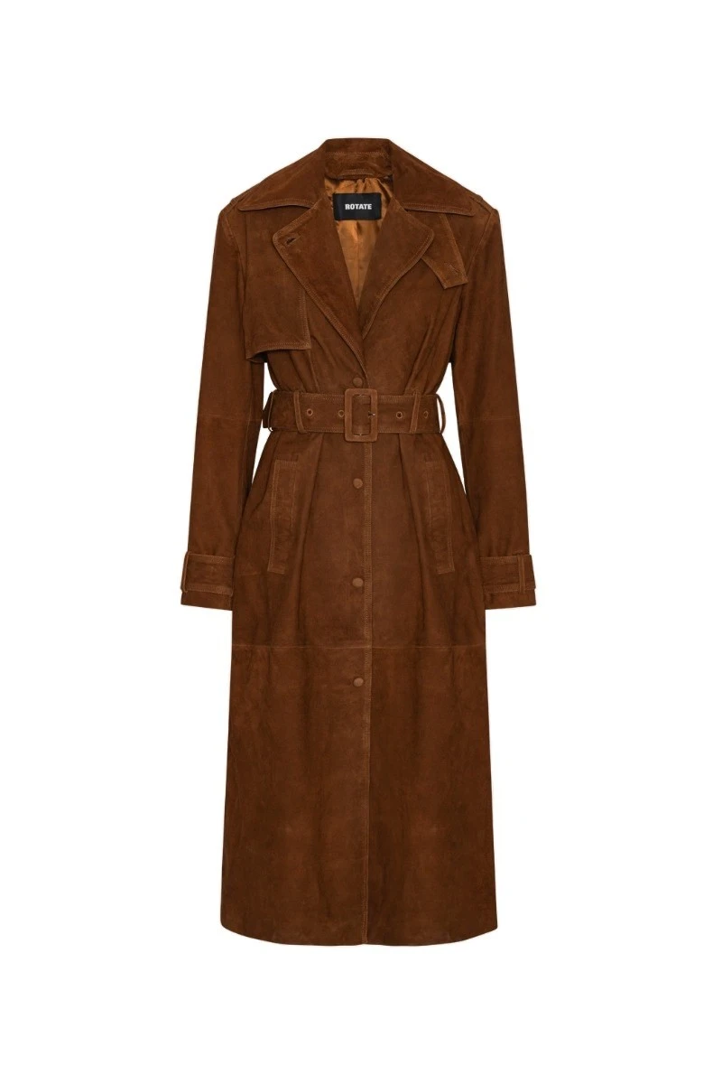 Rotate-Birger-Christensen-Suede-Trenchcoat-Brown-white Suede Trenchcoat Brown