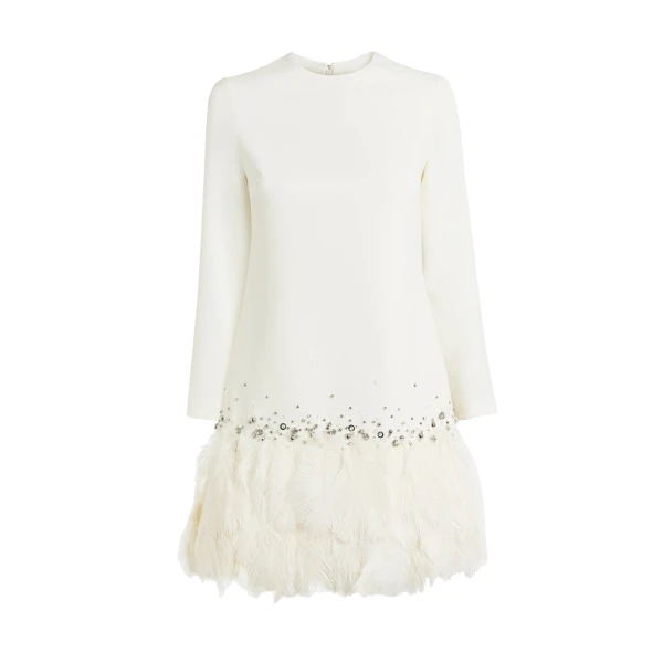 Reffie Short Dress in Ivory with Feathers