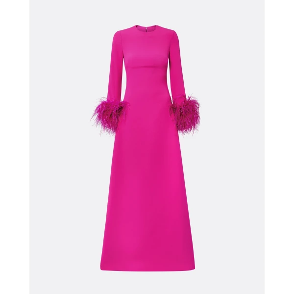 Renalla Wild Strawberry Feather-Trimmed Long Dress