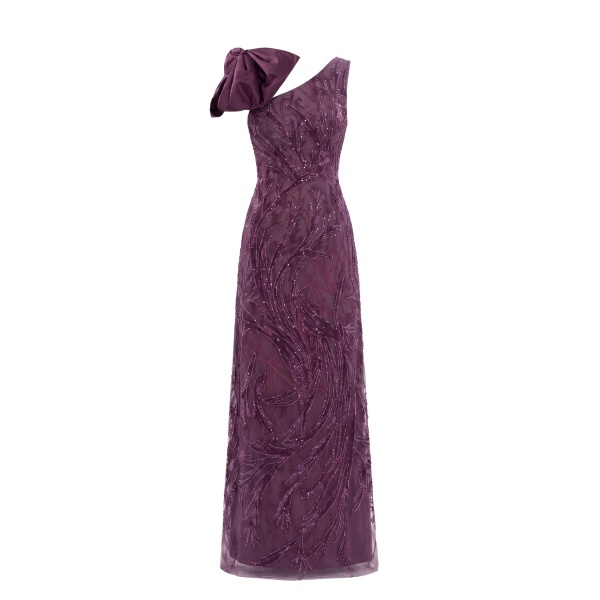 Saiid Kobeisy Asymmetrical Embroidered Dress with Bow in Italian Plum