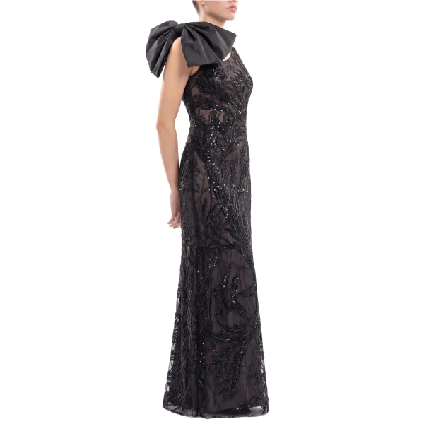 Saiid Kobeisy Asymmetrical Embroidered Dress with Bow in Jet Black, view 3