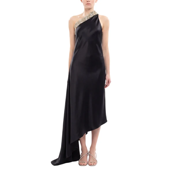 Saiid Kobeisy Asymmetrical One-Shoulder Embellished Dress in Jet Black, view 2