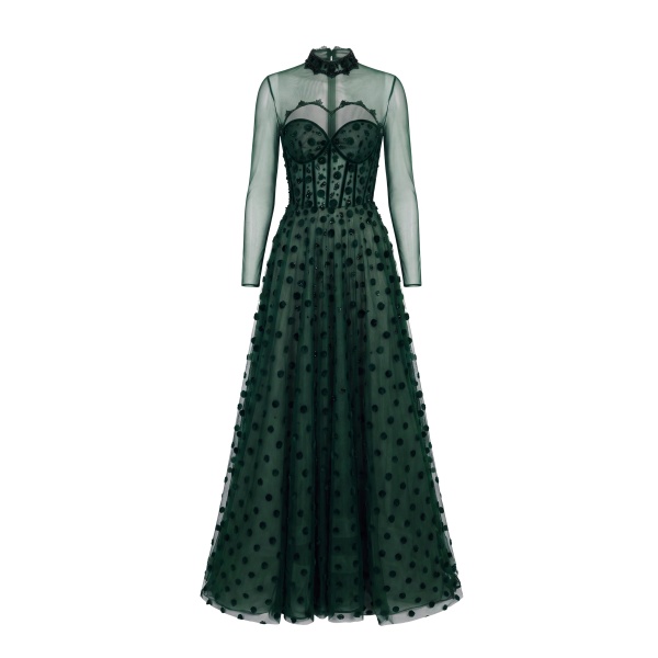 Saiid Kobeisy Beaded Tulle Dress with Polka Dots in Sage Green