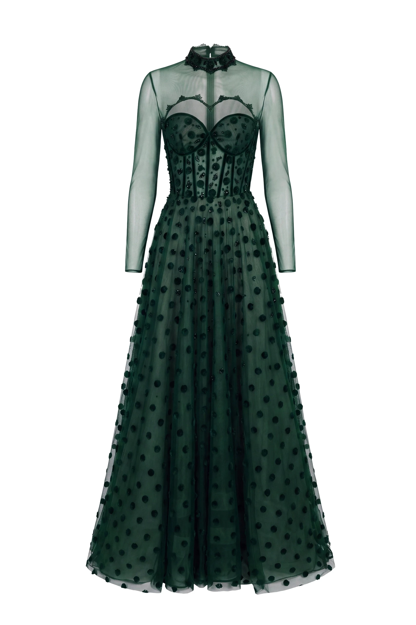 Saiid Kobeisy Beaded Tulle Dress with Polka Dots in Sage Green | Dresses | Luxury Shoes Saiid Kobeisy Beaded Tulle Dress with Polka Dots in Sage Green