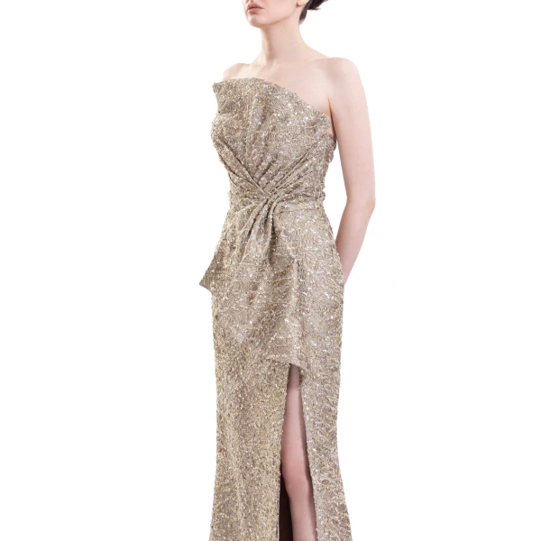 Saiid Kobeisy Brocade Bow Dress in Gold, view 4