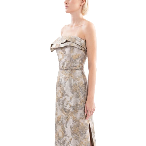 Saiid Kobeisy Brocade Long Fitted Dress in Grey Pear, view 4