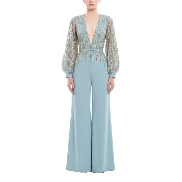 Saiid Kobeisy Crepe Beaded Jumpsuit in Antigua Sand, view 2