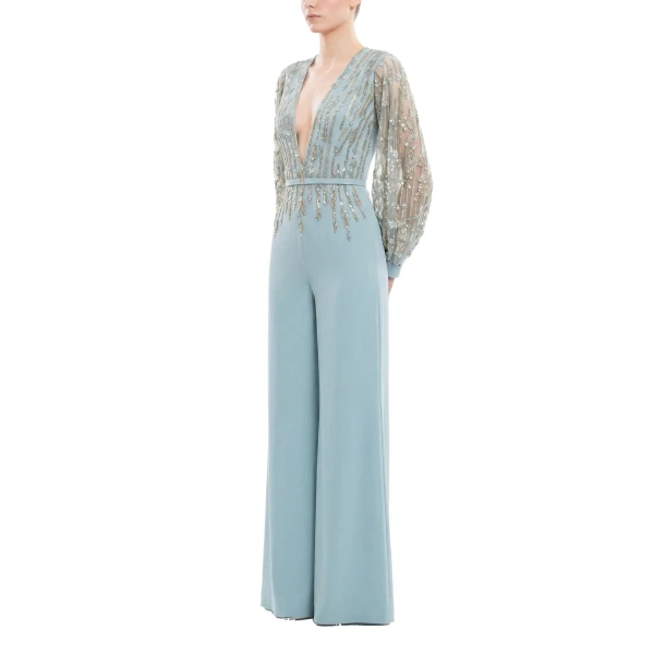 Saiid Kobeisy Crepe Beaded Jumpsuit in Antigua Sand, view 3