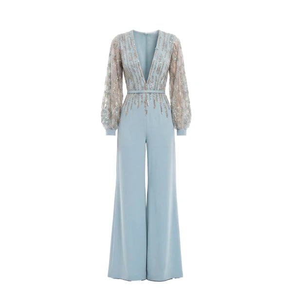 Saiid Kobeisy Crepe Beaded Jumpsuit in Antigua Sand