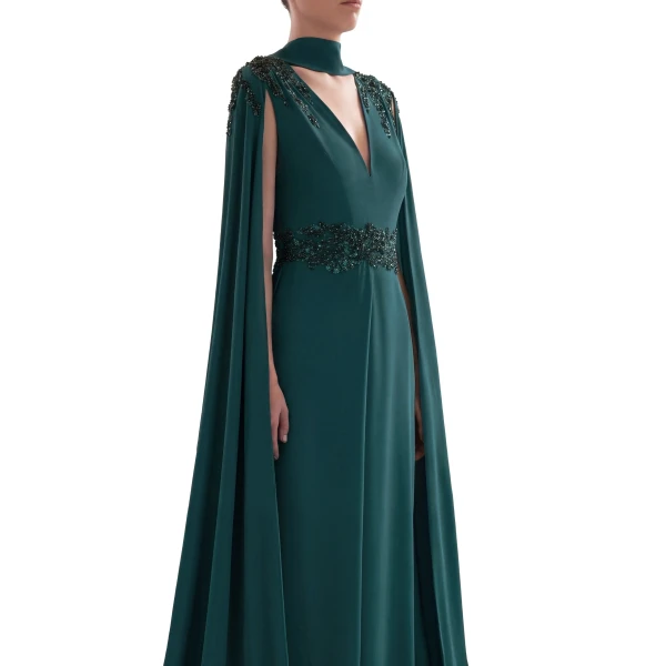 Saiid Kobeisy Crepe Dress with Cape in Green, view 4