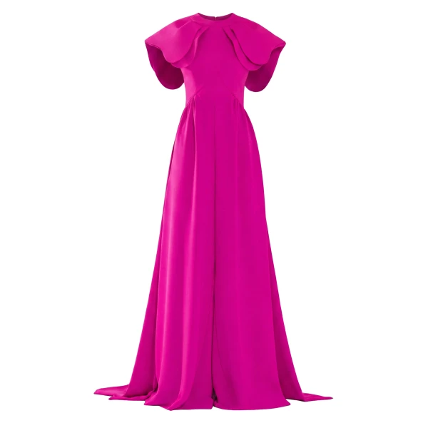 Crepe Jumpsuit with Back Overskirt in Magenta