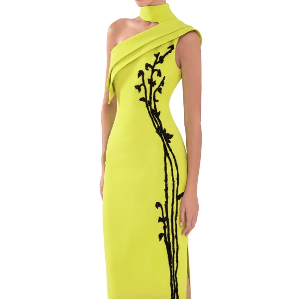 Saiid Kobeisy Crepe Off-Shoulder Dress with Beading in Lime Green and Jet Black, view 4
