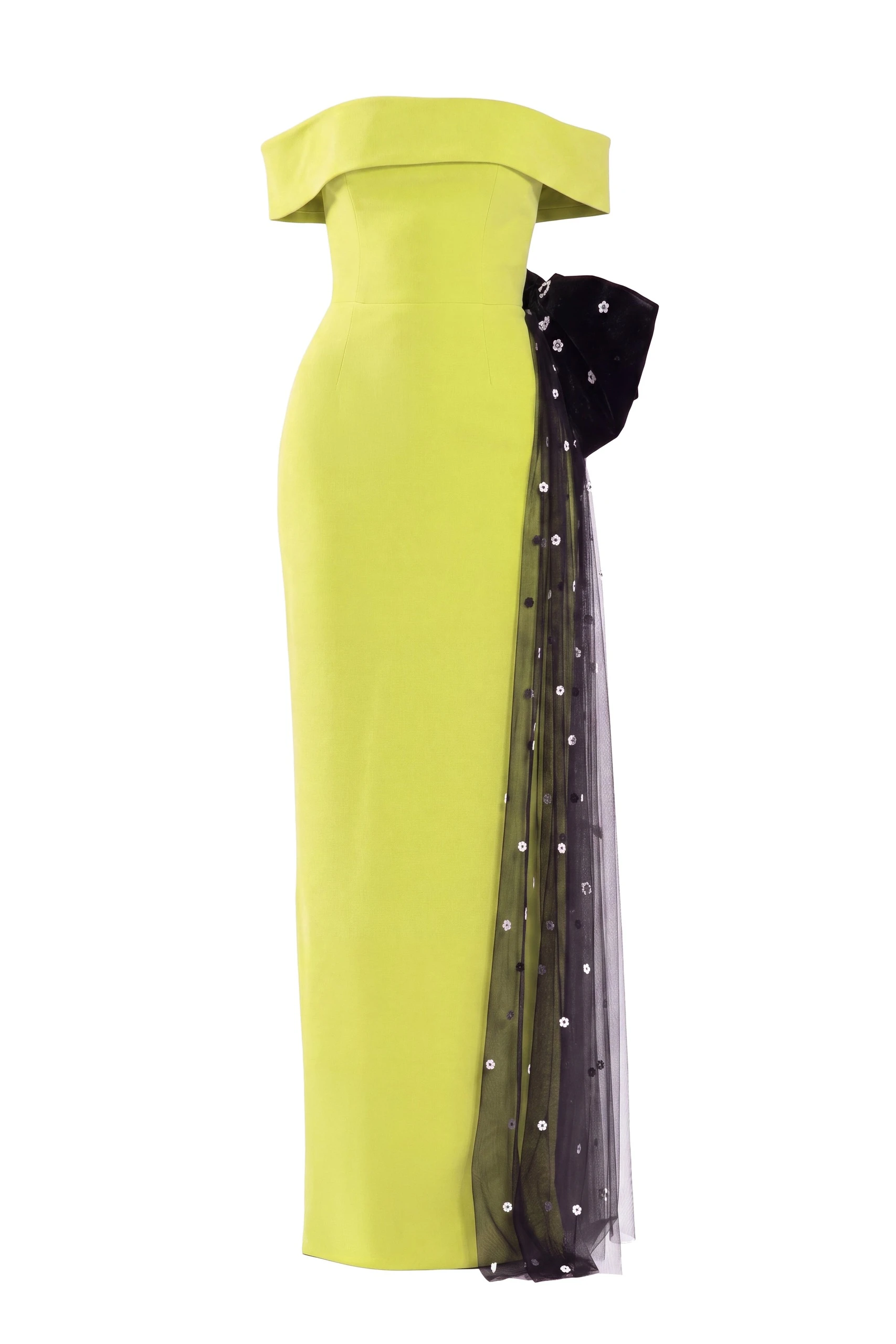 Saiid Kobeisy Crepe Off-Shoulder Dress with a Tulle Bow and Tail on the Back in Lime Green and Off White with Jet Black beading | Dresses | Luxury Shoes Saiid Kobeisy Crepe Off-Shoulder Dress with a Tulle Bow and Tail on the Back in Lime Green and Off White with Jet Black beading