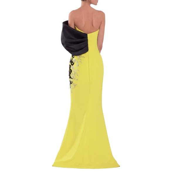 Saiid Kobeisy Crepe Straight Fit Dress with Mikado One Sided Off-Shoulder Sleeve in Lime Green, view 3