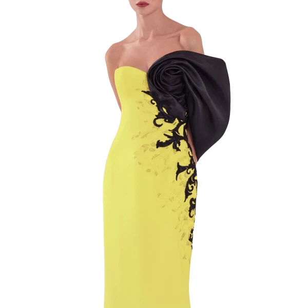 Saiid Kobeisy Crepe Straight Fit Dress with Mikado One Sided Off-Shoulder Sleeve in Lime Green, view 4