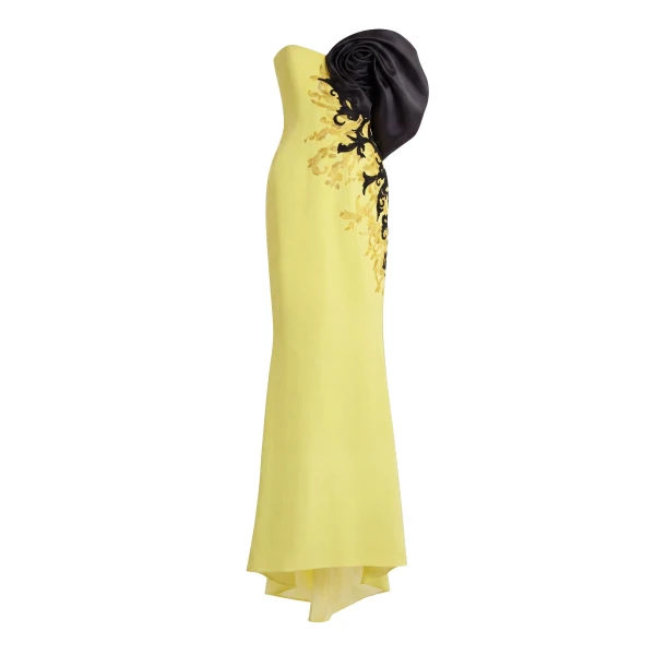 Saiid Kobeisy Crepe Straight Fit Dress with Mikado One Sided Off-Shoulder Sleeve in Lime Green