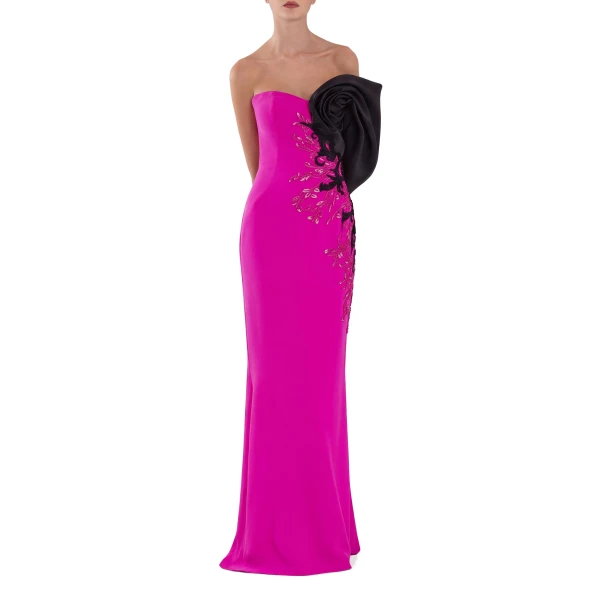 Saiid Kobeisy Crepe Straight Fit Dress with Mikado One Sided Off-Shoulder Sleeve in Magenta, view 2